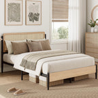 LIKIMIO Natural Rattan Full Size Bed Frame with Wooden Headboard | Boho Metal Platform Bed Frame Full Size with Metal Slats Surpport, Under Bed Storage, No Box Spring Needed, for Bedroom