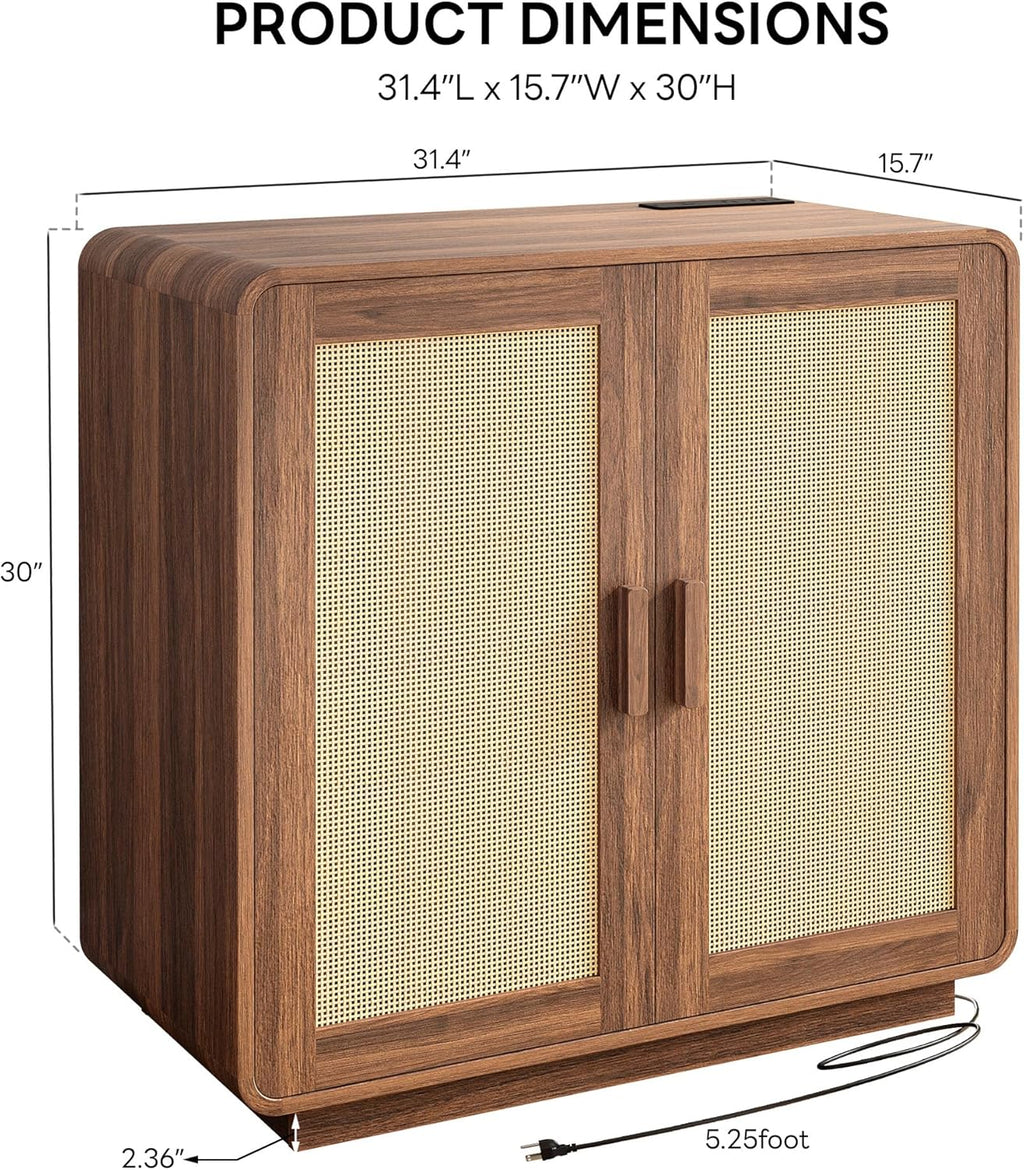 LIKIMIO Rattan Cabinet with LED Lights & Power Outlet, Vintage Brown