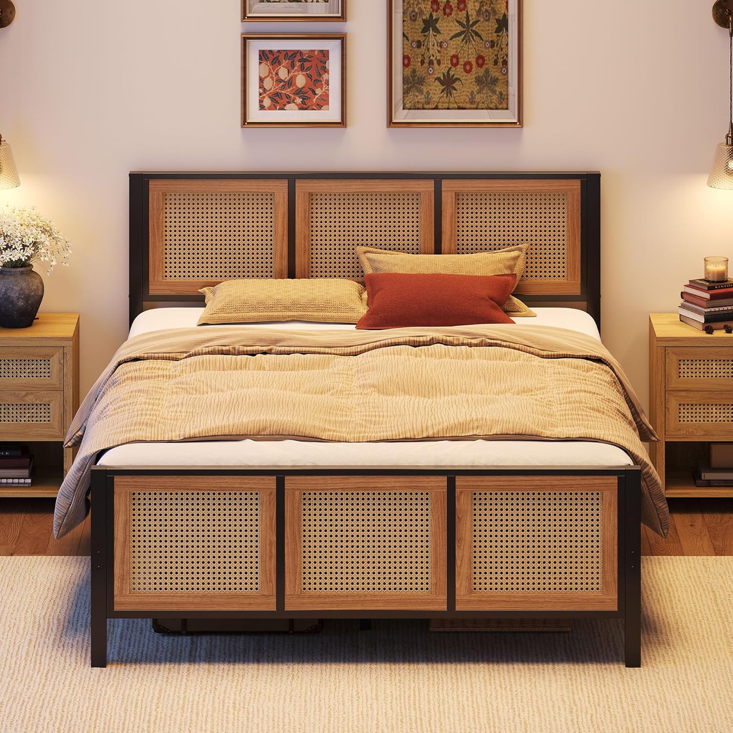 LIKIMIO Queen Bed Frame with Headboard, Wood Camas Queen with Strong Metal Slats Support
