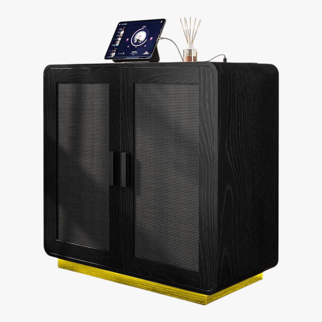 LIKIMIO Rattan Cabinet with LED Lights & Power Outlet, Black