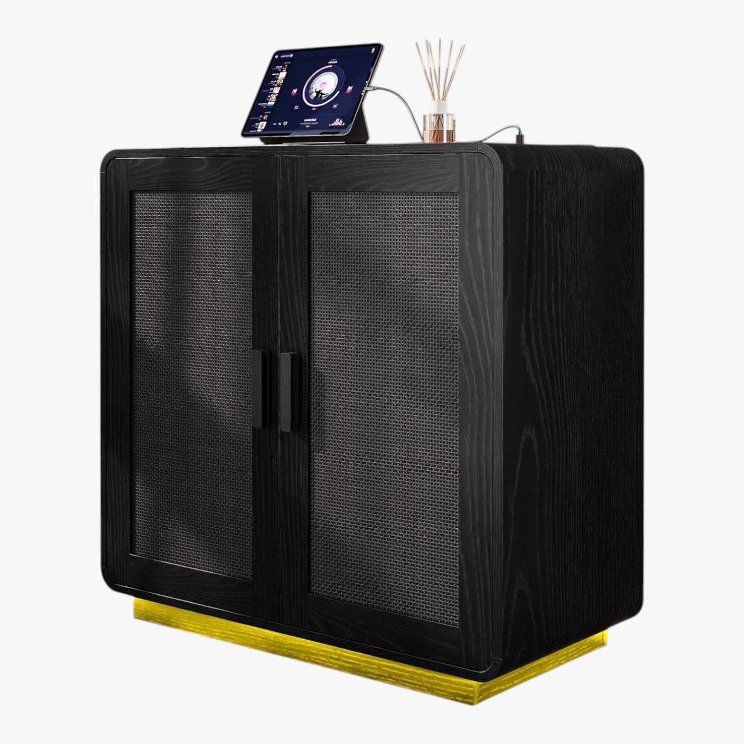 LIKIMIO Rattan Cabinet with LED Lights & Power Outlet, Black