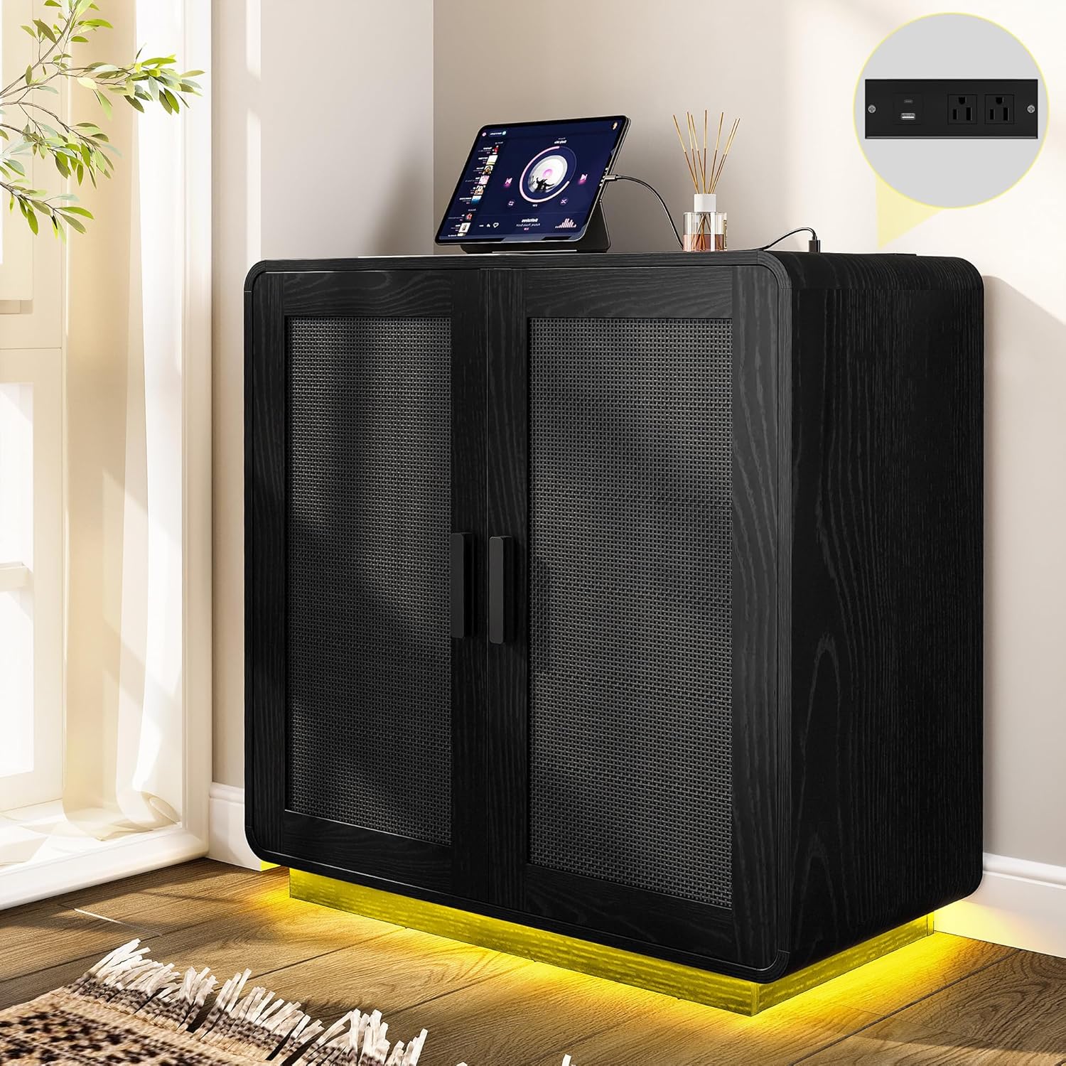 LIKIMIO Rattan Cabinet with LED Lights & Power Outlet, Vintage Brown