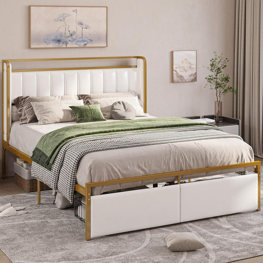 White Modern Upholstered Bed Platform with Drawers