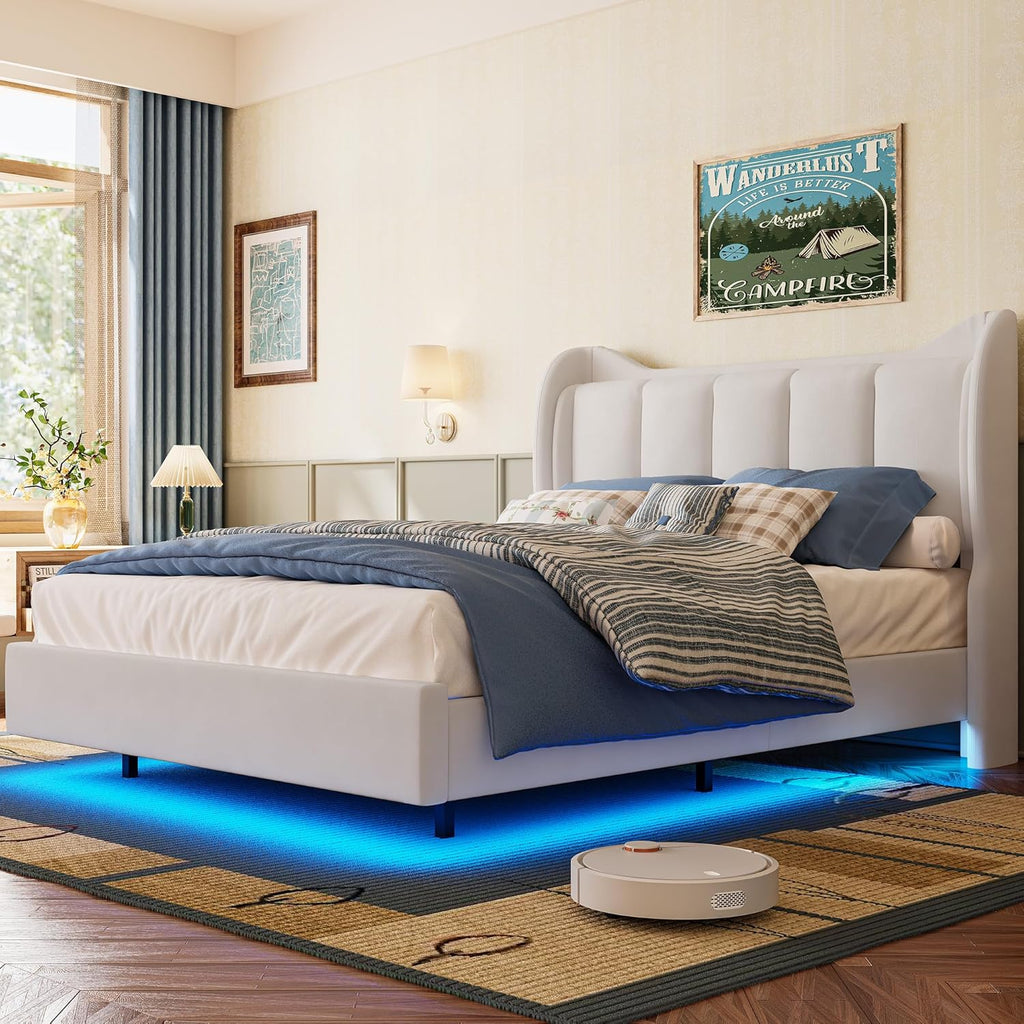 LIKIMIO LED & Velvet Upholstered Platform Bed Frame