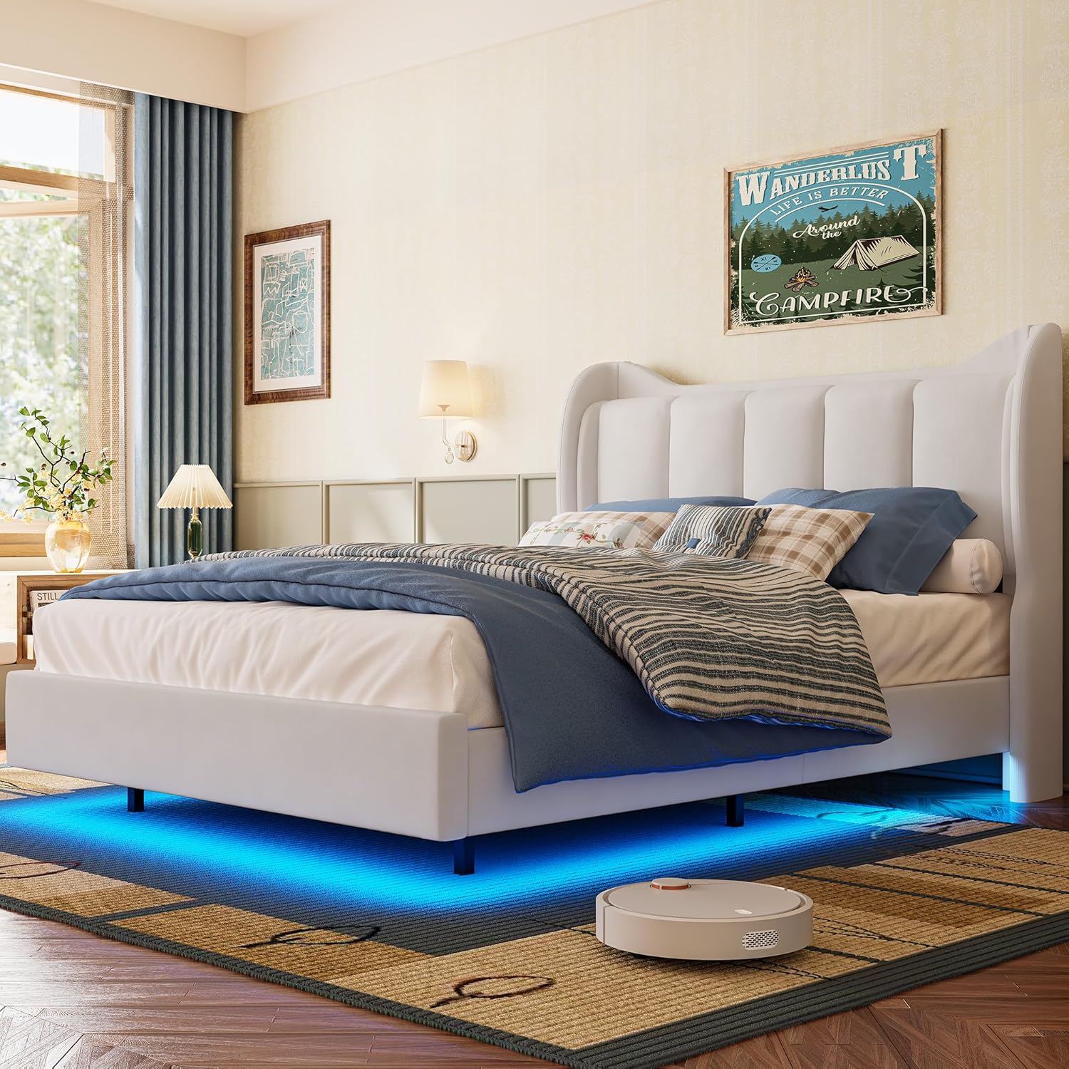 LIKIMIO LED & Velvet Upholstered Platform Bed Frame