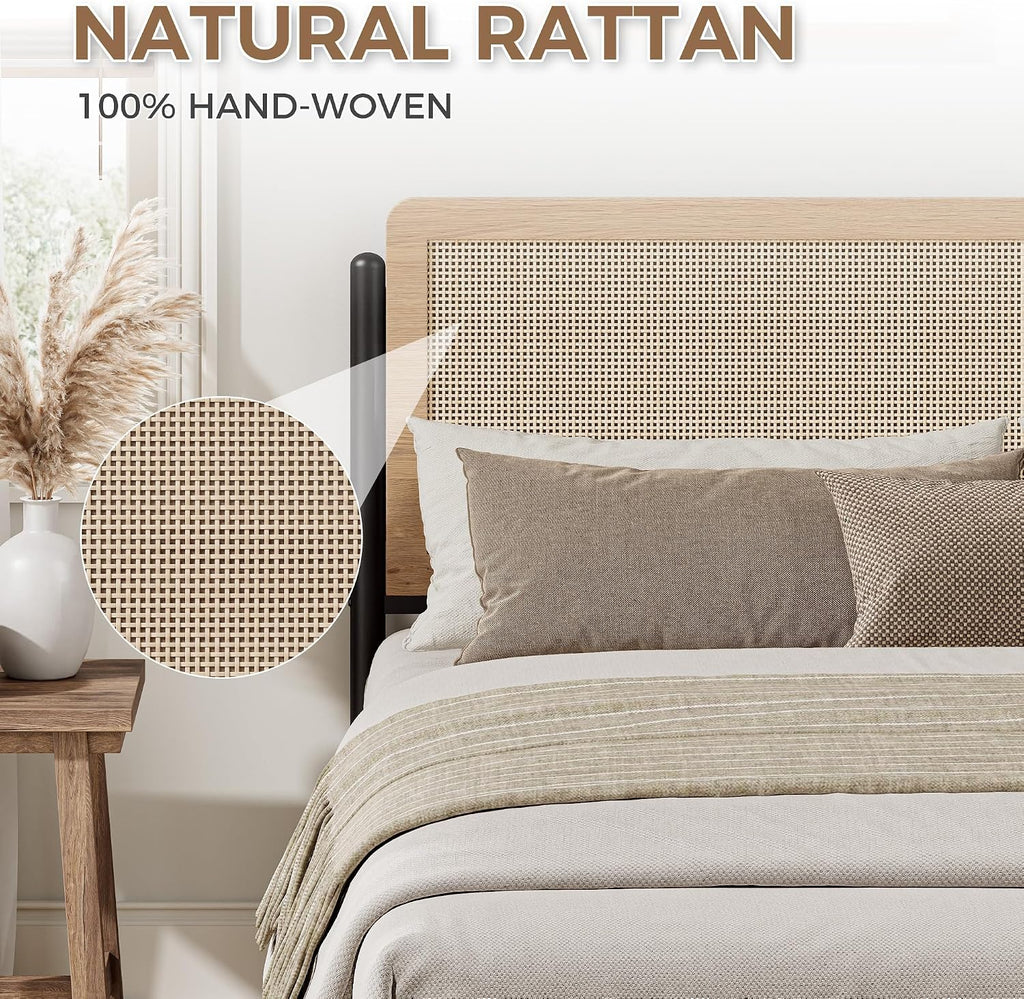 LIKIMIO Natural Rattan Full Size Bed Frame with Wooden Headboard | Boho Metal Platform Bed Frame Full Size with Metal Slats Surpport, Under Bed Storage, No Box Spring Needed, for Bedroom