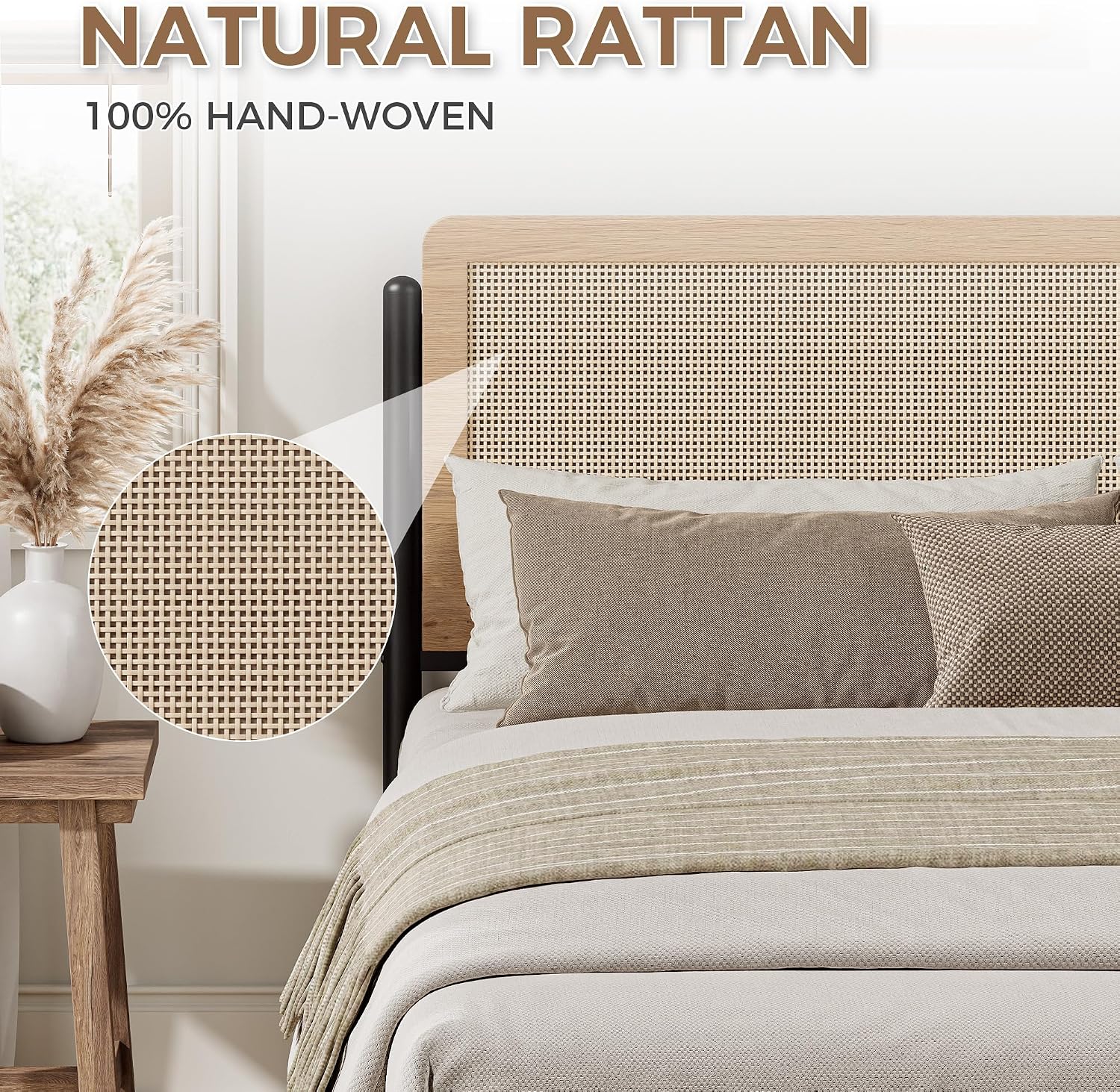 LIKIMIO Natural Rattan Full Size Bed Frame with Wooden Headboard | Boho Metal Platform Bed Frame Full Size with Metal Slats Surpport, Under Bed Storage, No Box Spring Needed, for Bedroom