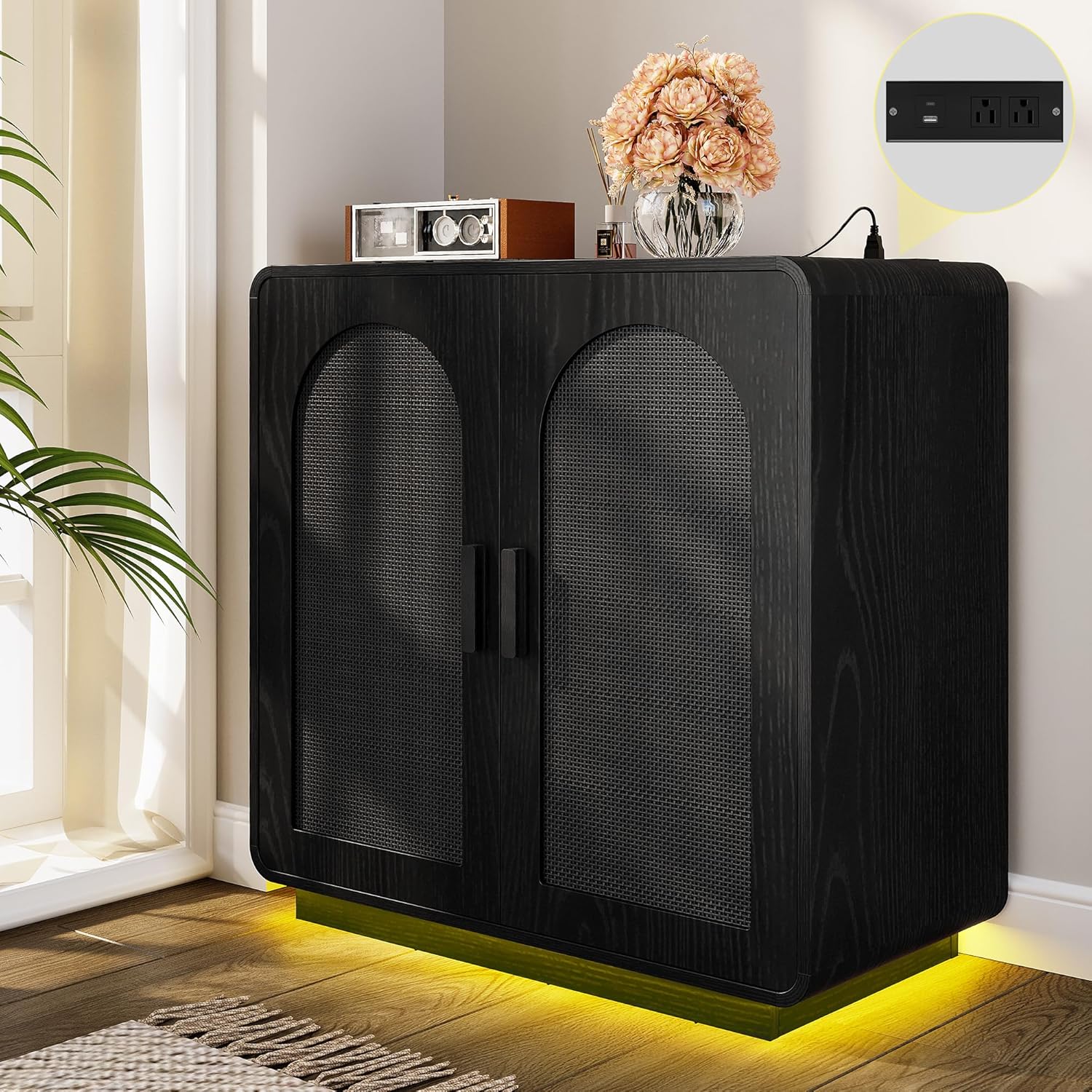 LIKIMIO Rattan Storage Cabinet with LED Lights & Power Outle, Natural