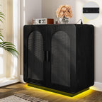 LIKIMIO Rattan Storage Cabinet with with 2 Doors and Adjustable Shelves for Kitchen, Black