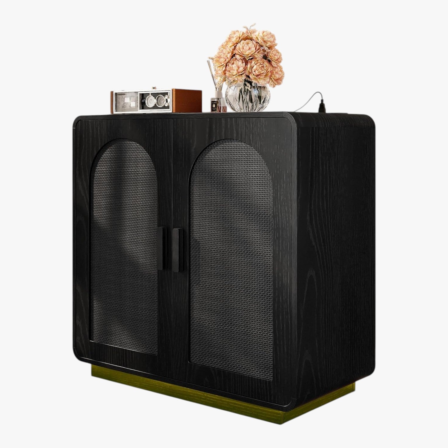 LIKIMIO Rattan Storage Cabinet with with 2 Doors and Adjustable Shelves for Kitchen, Black