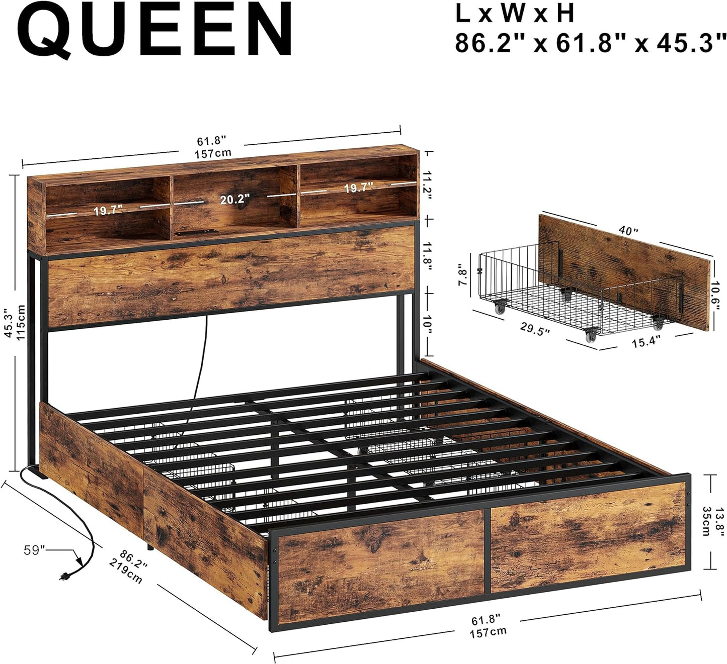 Bookcase Headboard Queen Bed frame with 4 Storage Drawers