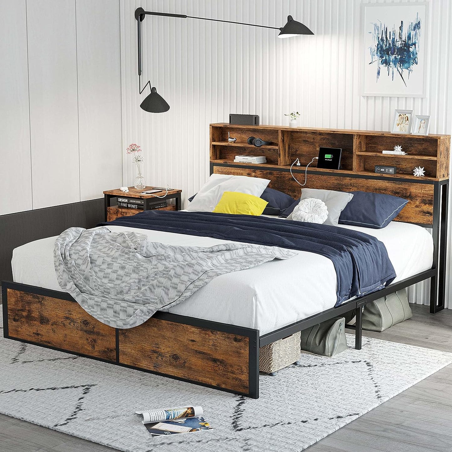 Noise Free Bed Frame with Bookcase Headboard