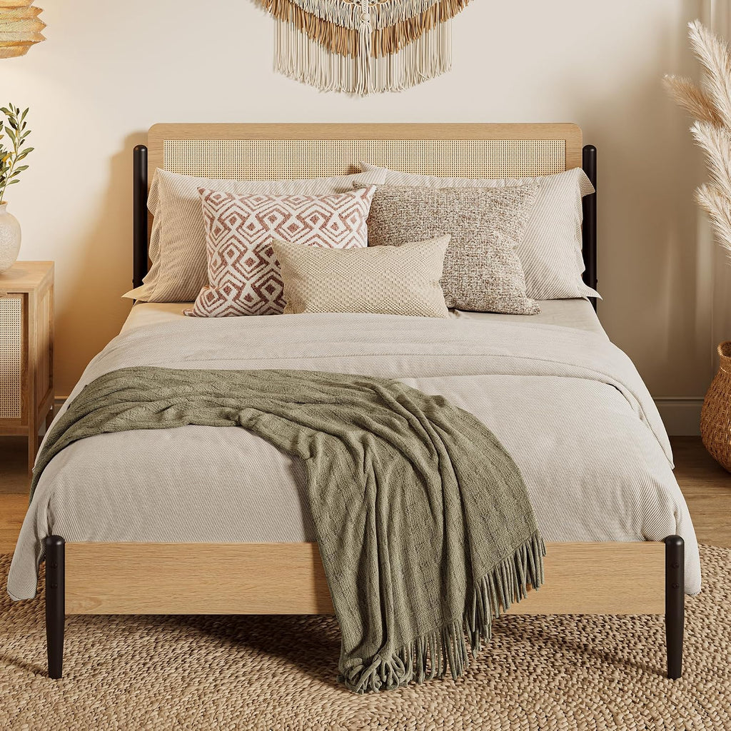 LIKIMIO Natural Rattan Full Size Bed Frame with Wooden Headboard | Boho Metal Platform Bed Frame Full Size with Metal Slats Surpport, Under Bed Storage, No Box Spring Needed, for Bedroom
