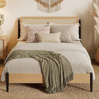 LIKIMIO Natural Rattan Full Size Bed Frame with Wooden Headboard | Boho Metal Platform Bed Frame Full Size with Metal Slats Surpport, Under Bed Storage, No Box Spring Needed, for Bedroom