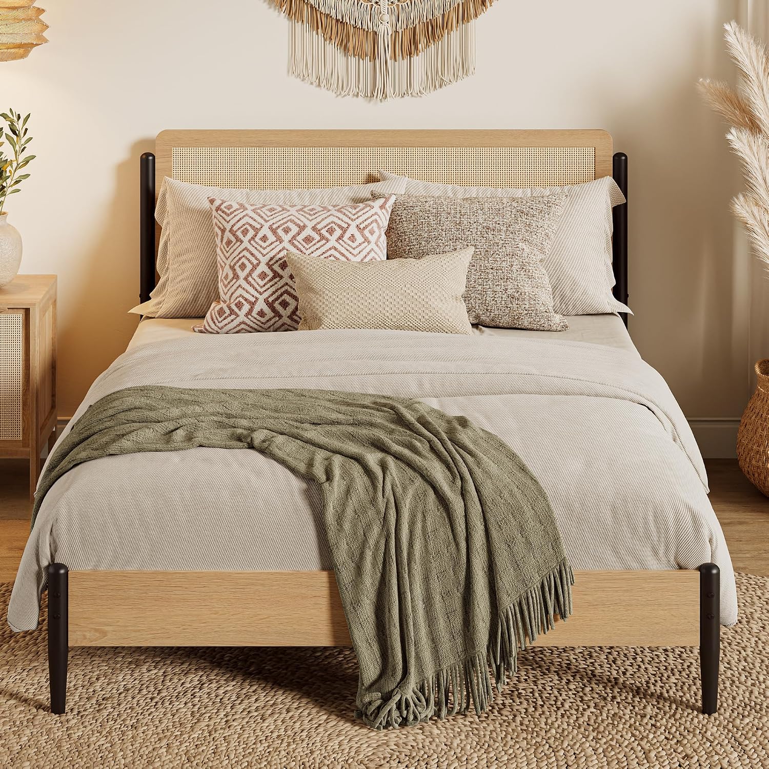 LIKIMIO Natural Rattan Full Size Bed Frame with Wooden Headboard | Boho Metal Platform Bed Frame Full Size with Metal Slats Surpport, Under Bed Storage, No Box Spring Needed, for Bedroom