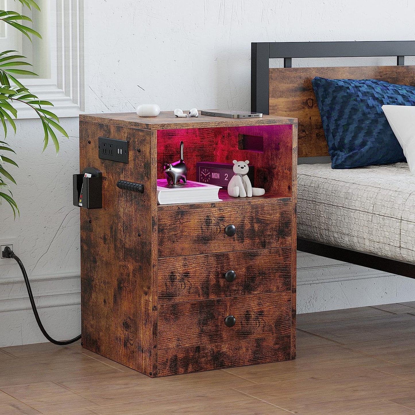 LIKIMIO Large Nightstand with LED Lights Vintage Brown