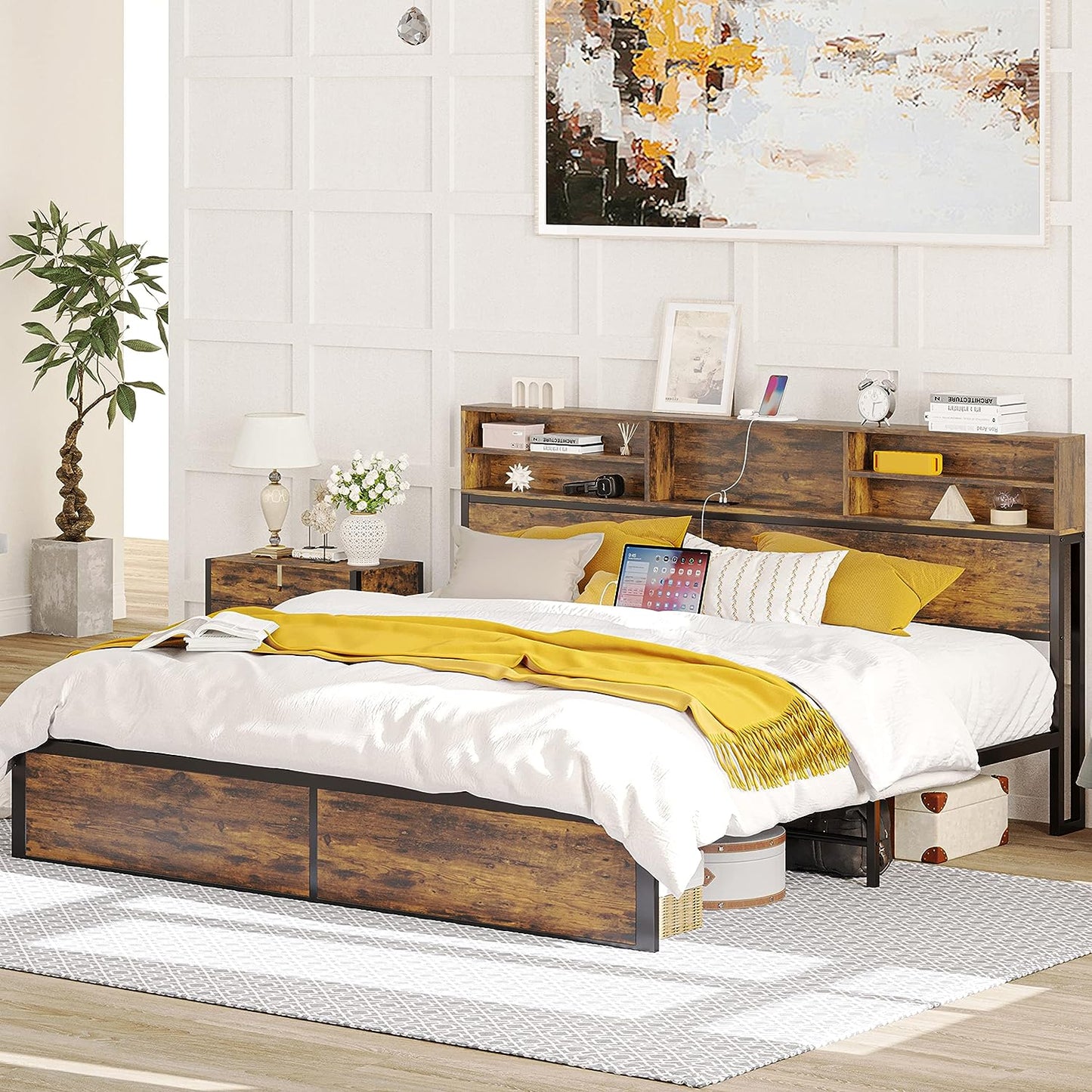 Noise Free Bed Frame with Bookcase Headboard