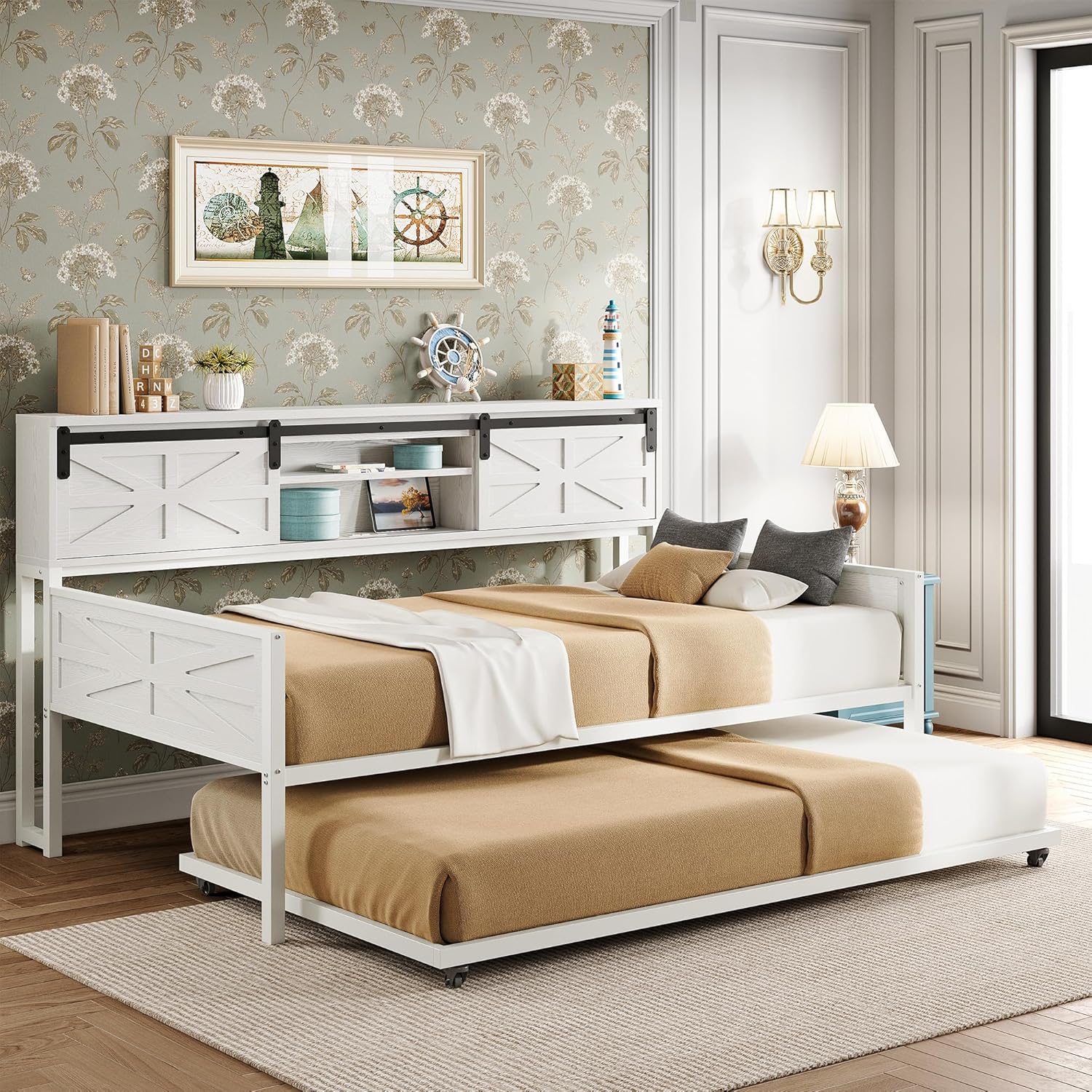 LIKIMIO Farmhouse Trundle Sofa Bed