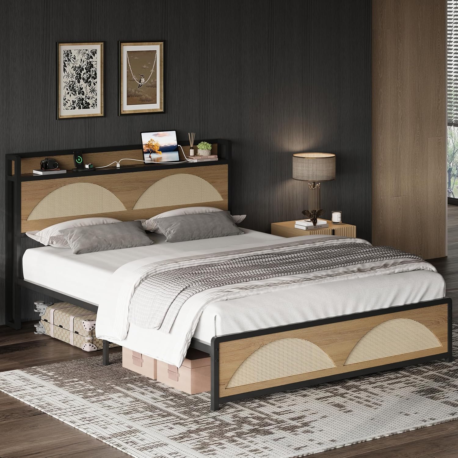 LIKIMIO Modern Architectural Design with Rattan Textures Bed Frame