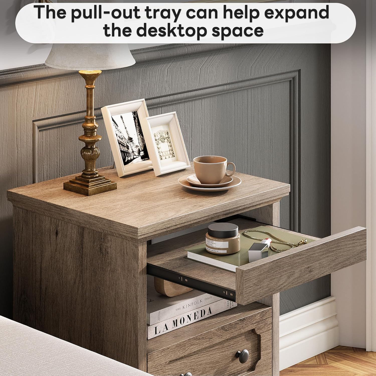 LIKIMIO Wooden Pull Out Tray Nightstand
