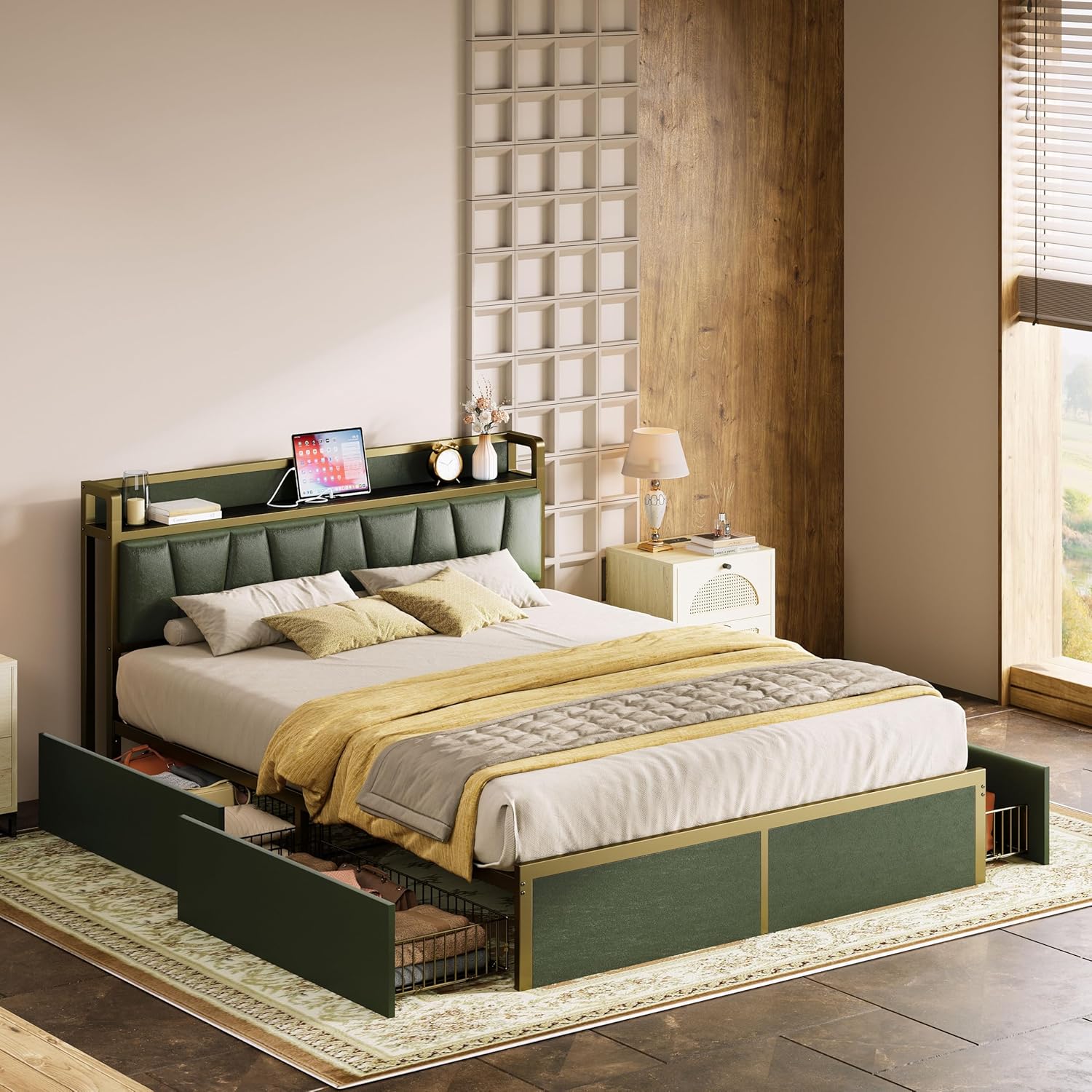 LIKIMIO California King Bed Frame with 4 Storage Drawers, Platform Bed with Charged Headboard