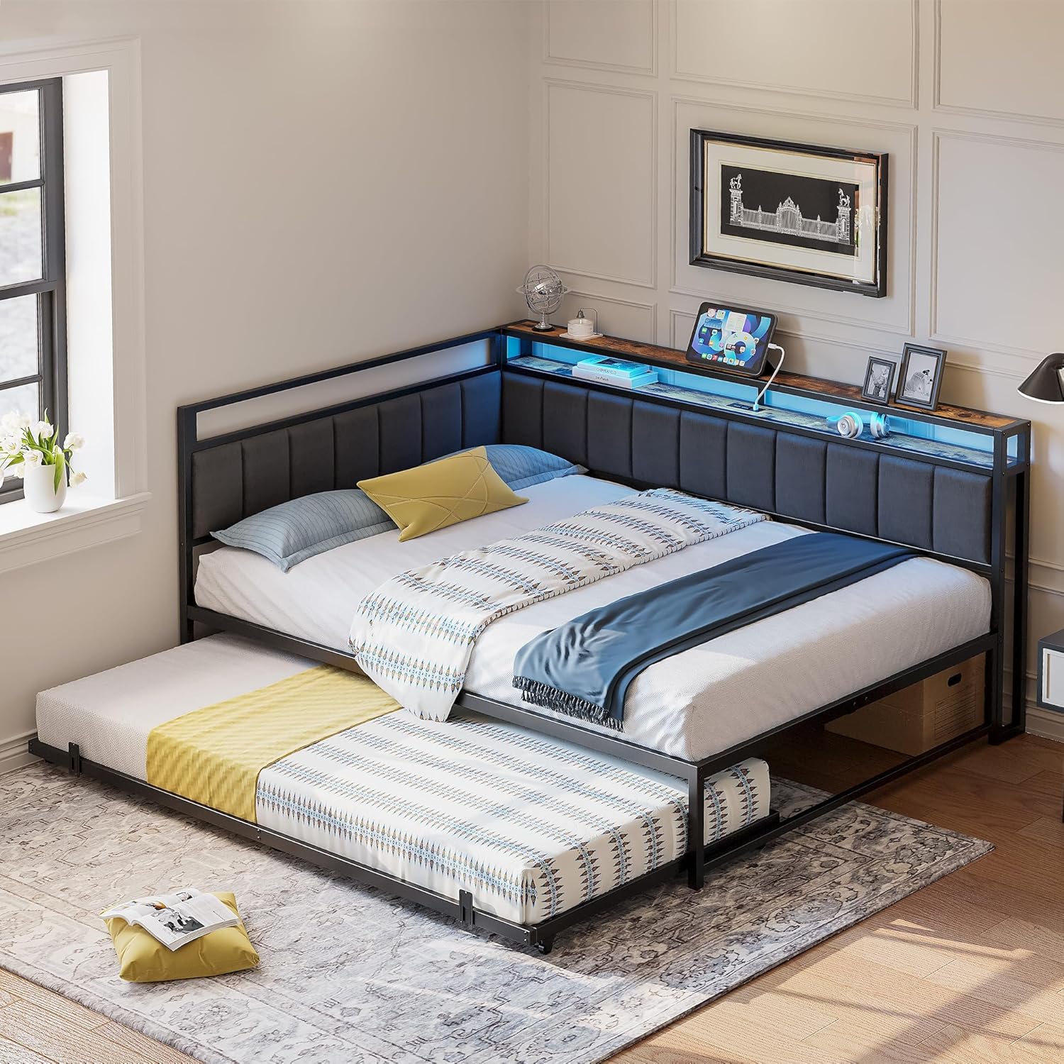 Upholstered Corner Bed with Storage Trundle | LIKIMIO – Likimio