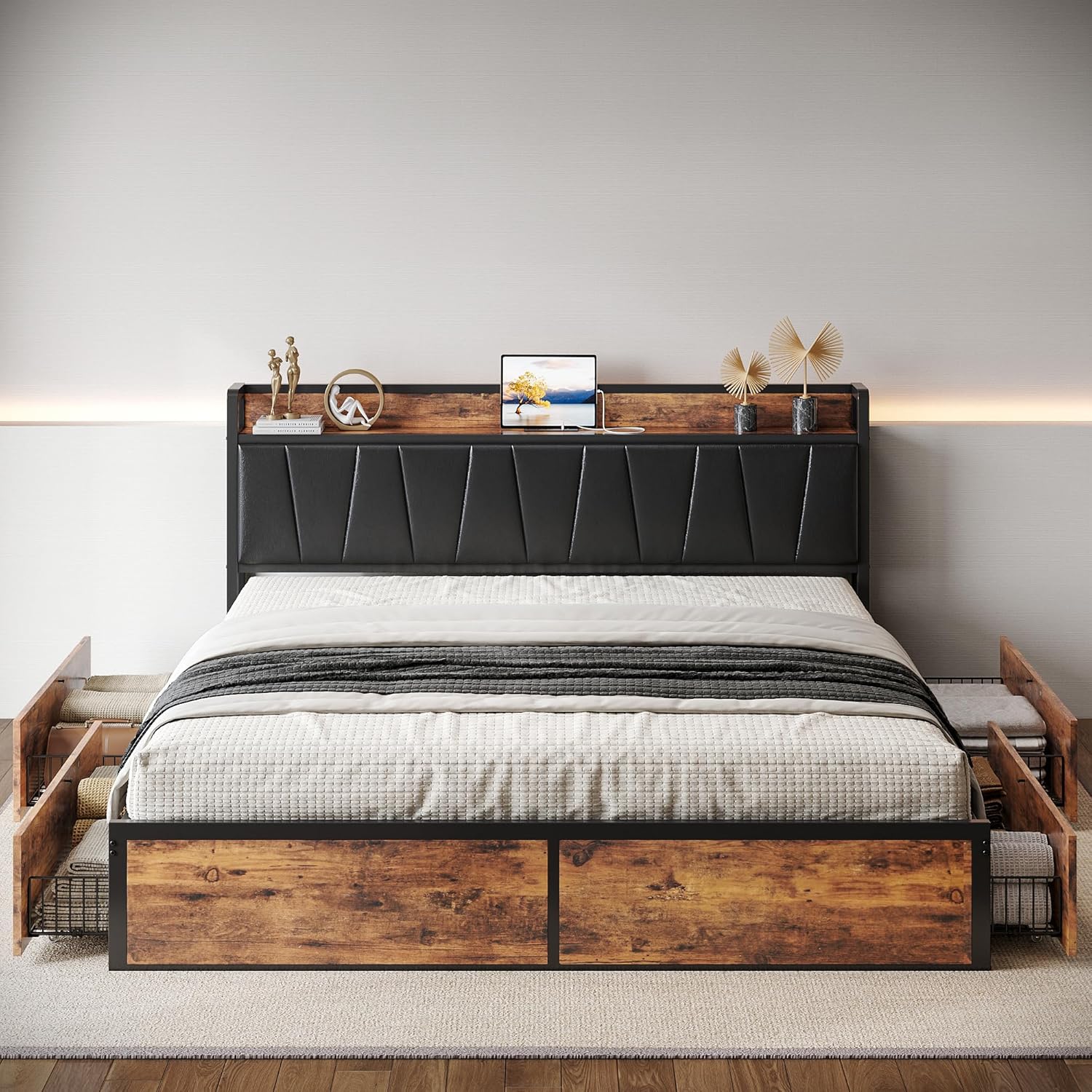 LIKIMIO California King Bed Frame with 4 Storage Drawers, Platform Bed with Charged Headboard