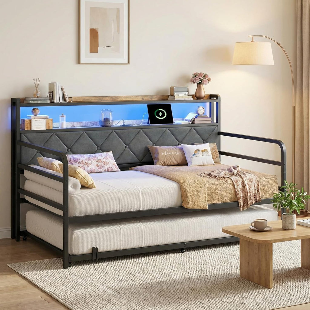 LIKIMIO Twin Daybed with Trundle, 700lbs Capacity, LED Lights & Charging Station, Black