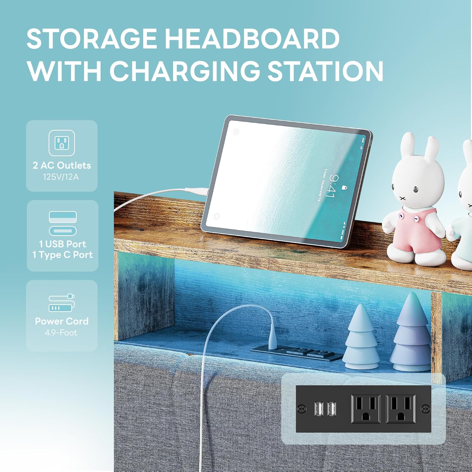 LIKIMIO Twin Bed Frame with Charging Station & LED Lights, Grey