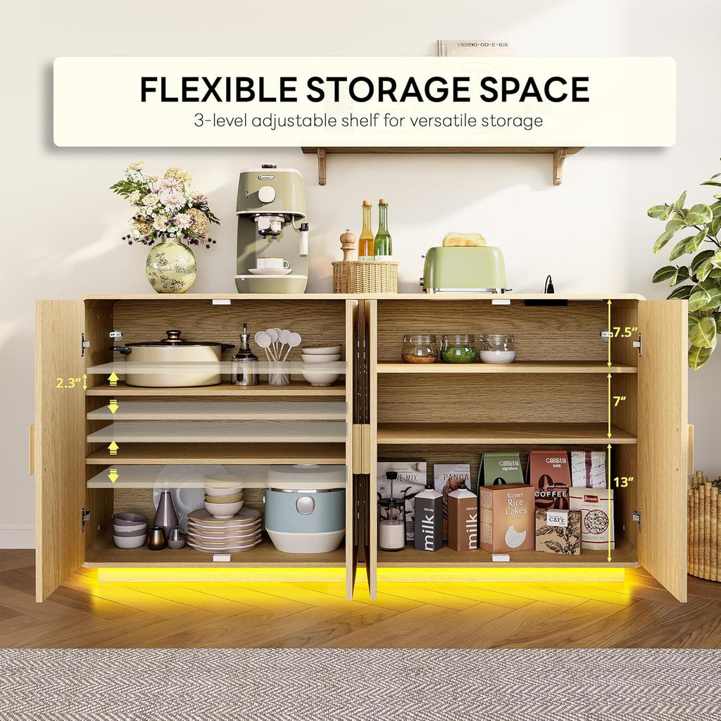 LIKIMIO Rattan Storage Cabinet with LED Lights & Power Outle, Natural