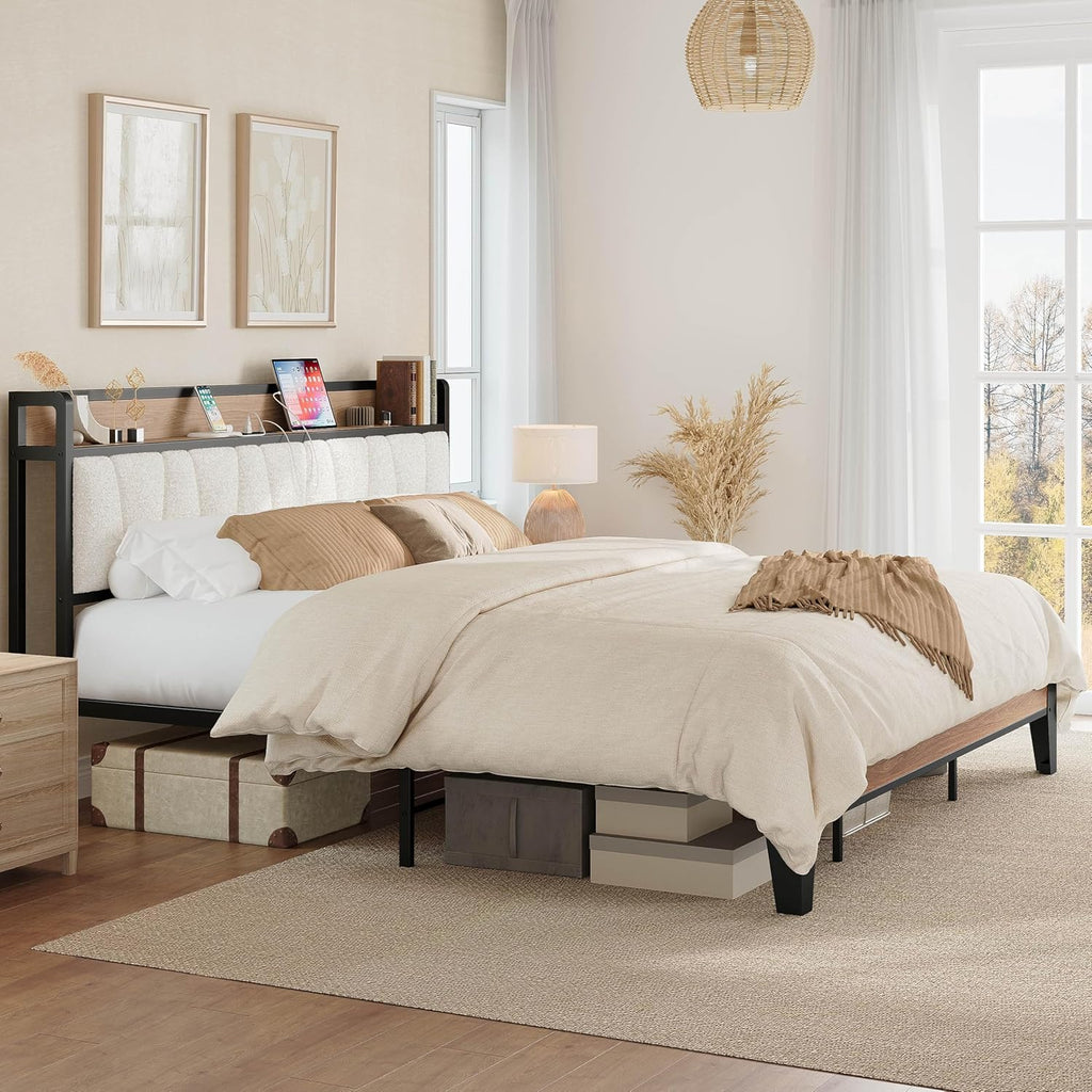 LIKIMIO King Bed Frames, with Charging Station, Wood and Cream
