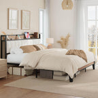LIKIMIO King Bed Frames, with Charging Station, Wood and Cream