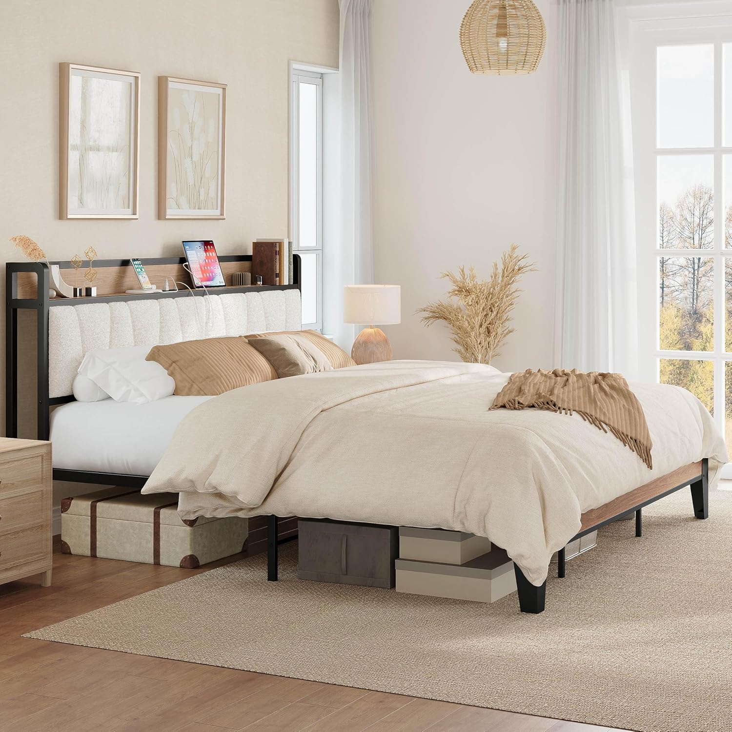 LIKIMIO King Bed Frames, with Charging Station, Wood and Cream