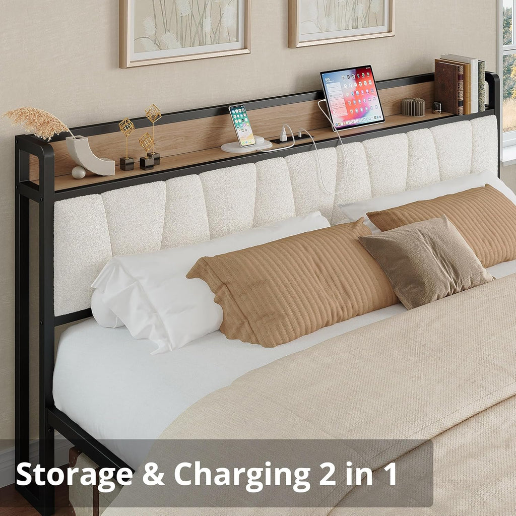 LIKIMIO King Bed Frames, with Charging Station, Wood and Cream