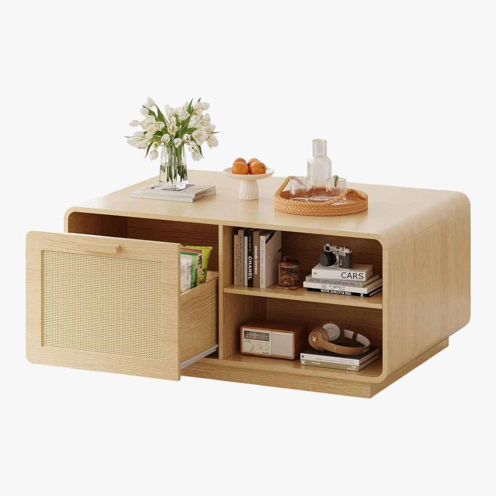 LIKIMIO 39.4" Rattan Coffee Table with Storage Drawers, Natural