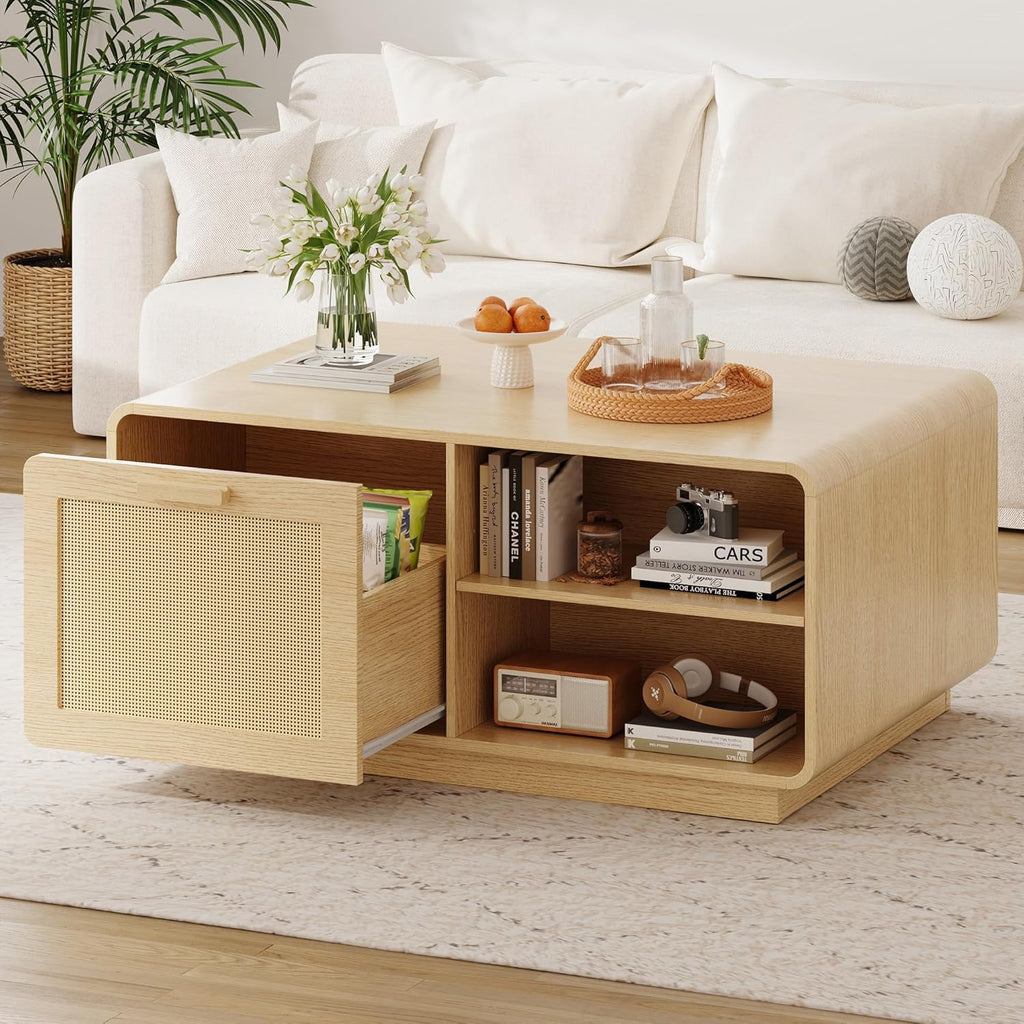LIKIMIO 39.4" Rattan Coffee Table with Storage Drawers, Natural