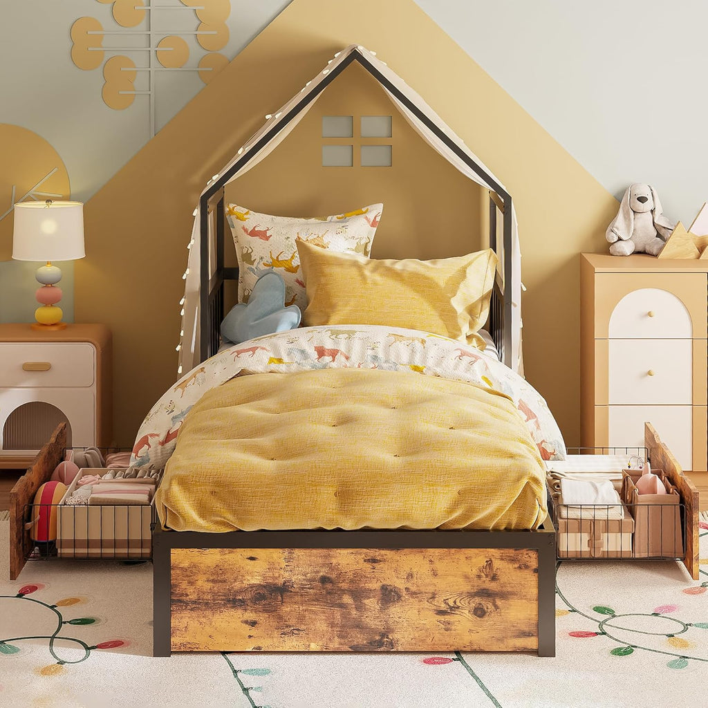 LIKIMIO Twin Bed Frame with 2 Storage Drawers, House Bed, Vintage Brown and Black