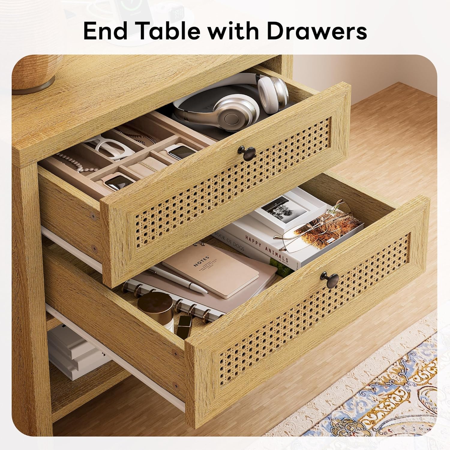 LIKIMIO Rattan Charging Nightstand Set