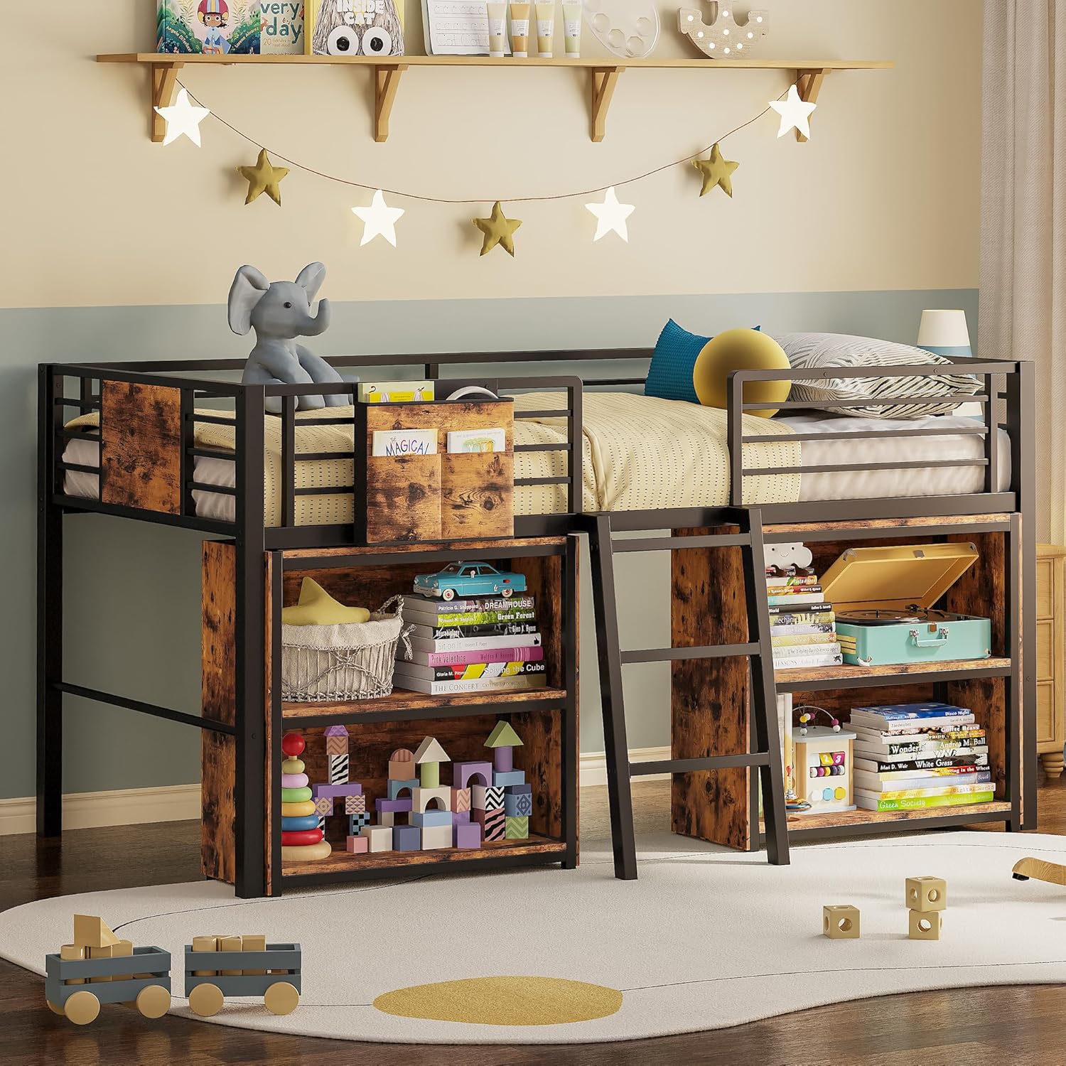 LIKIMIO Low Loft Bed with 2 Storage Vabinets