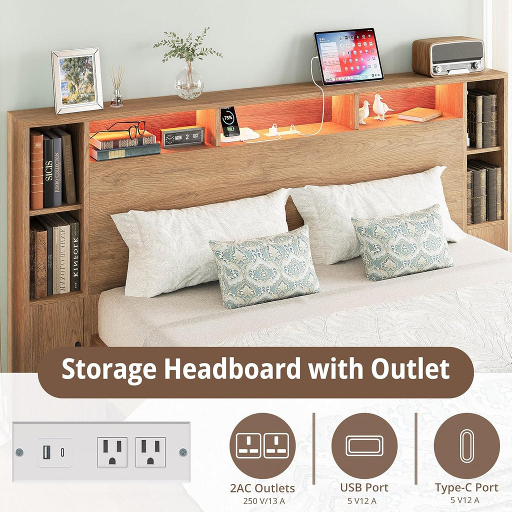 LIKIMIO Queen Bed Frame, with Charging Station & LED Lights, Natural Color