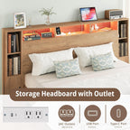 LIKIMIO Queen Bed Frame, with Charging Station & LED Lights, Natural Color