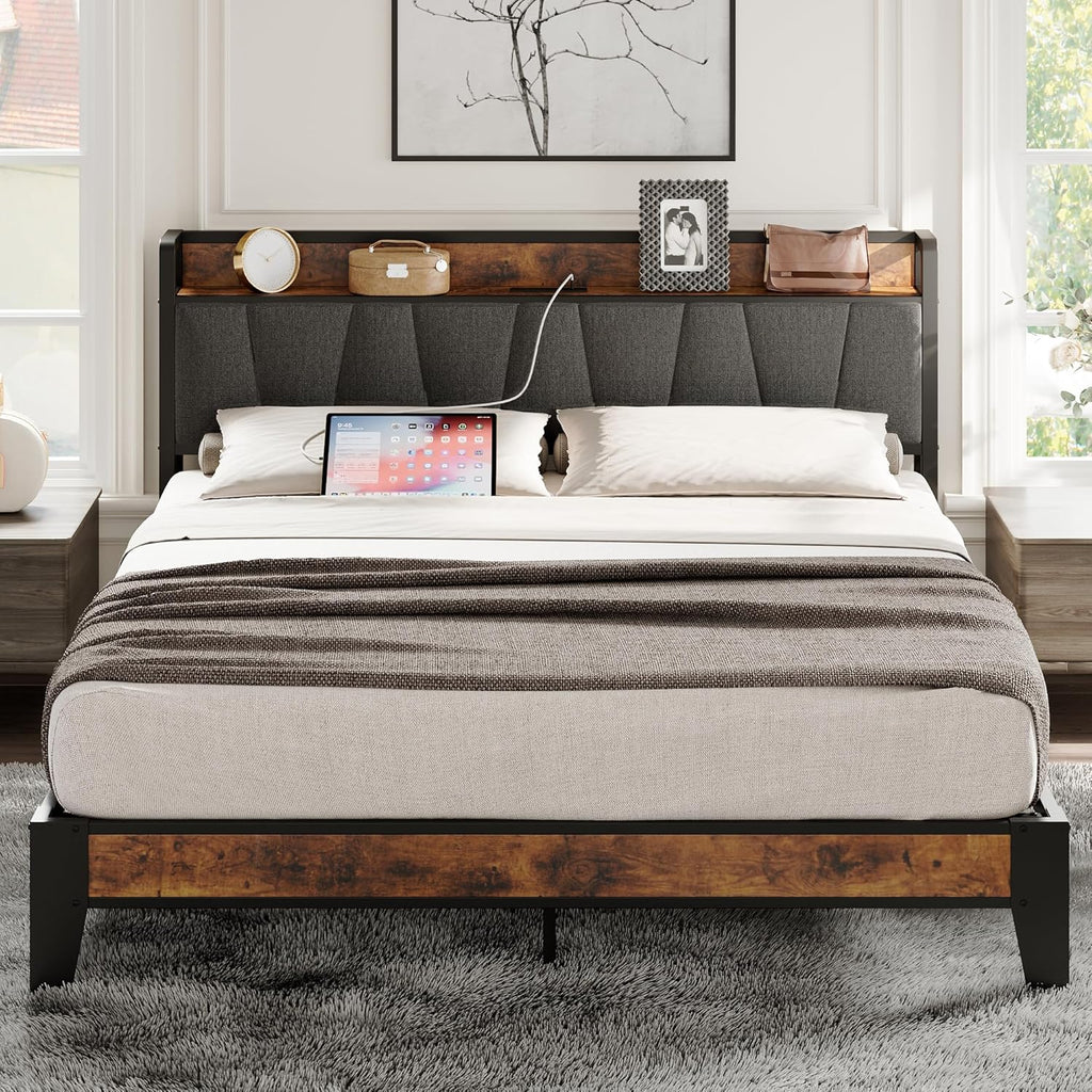 LIKIMIO Full Bed Frame, Storage Headboard with Charging Station