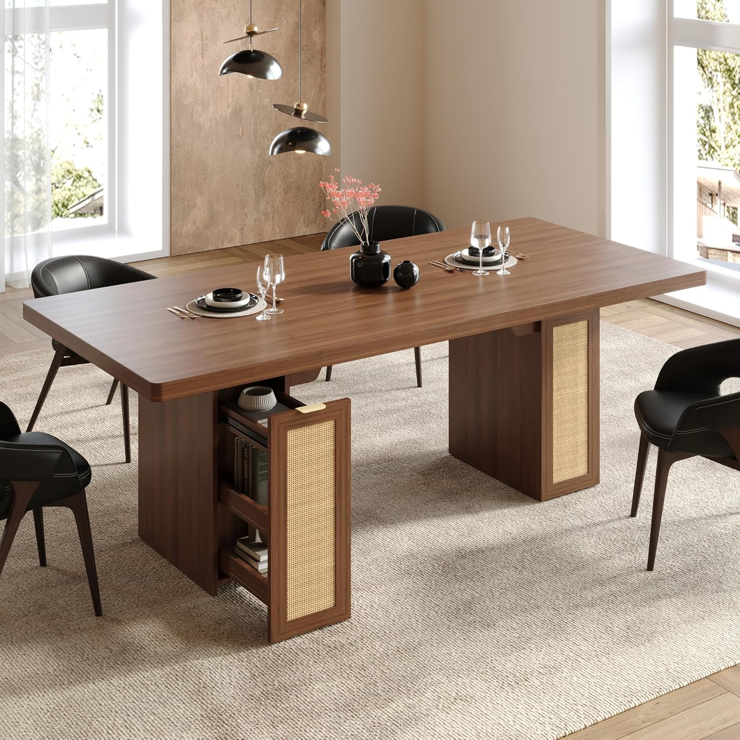 LIKIMIO Modern Woven Rattan Dining Table（78.7”）