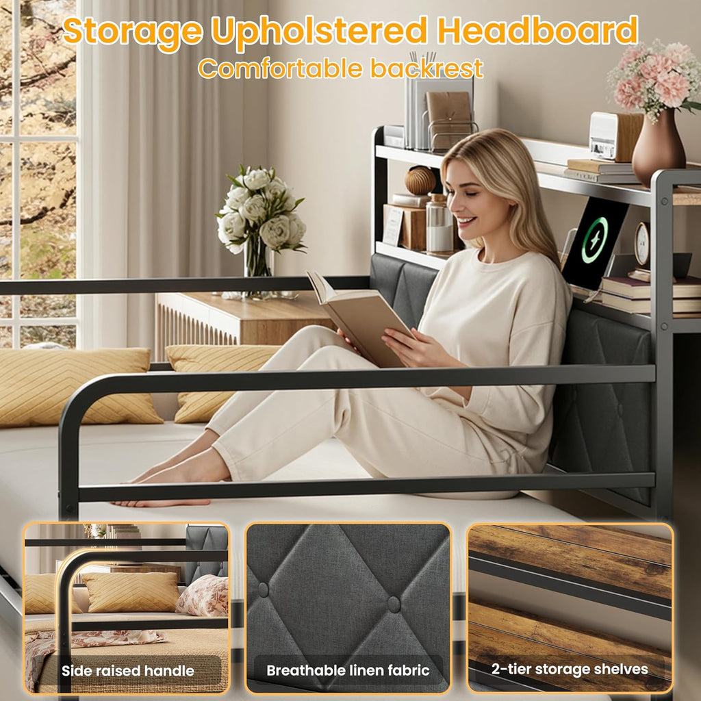 LIKIMIO Twin Daybed with Trundle, 700lbs Capacity, LED Lights & Charging Station, Black