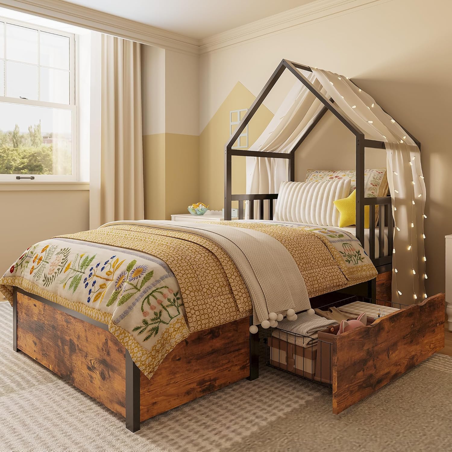 LIKIMIO Twin Bed Frame with 2 Storage Drawers, House Bed, Vintage Brown and Black