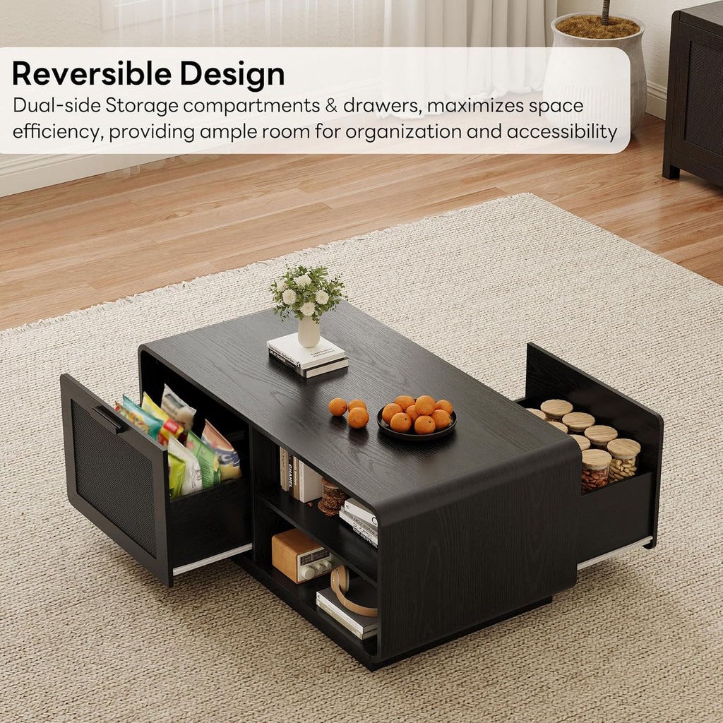 LIKIMIO 39.4" Rattan Coffee Table with Storage Drawers, Black