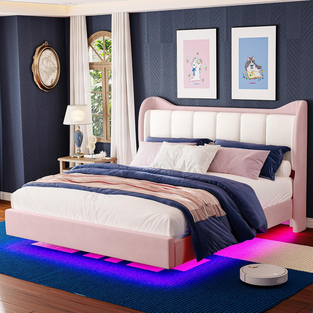 LIKIMIO LED & Velvet Upholstered Platform Bed Frame