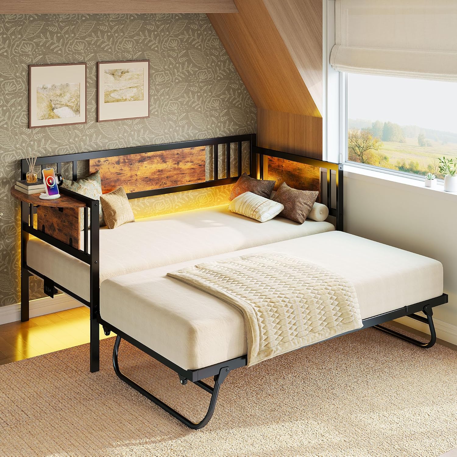 LIKIMIO Daybed with Trundle,  LED Lights and Charging Station,  White