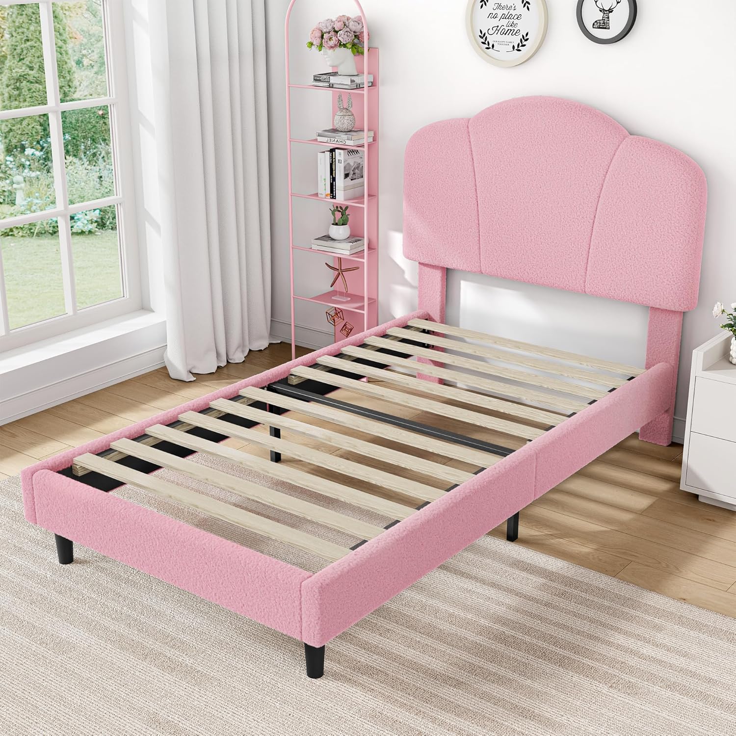 LIKIMIO Upholstered Twin Beds with Lamb Velvet 800LBS Sturdy, Pink