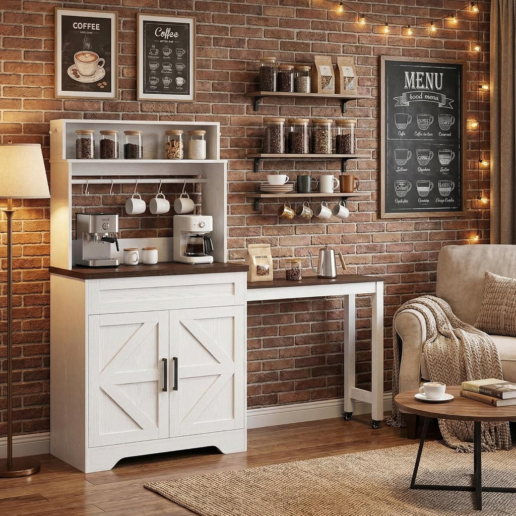 LIKIMIO 57" Coffee Bar Cabinet with Extendable Table & Magnetic Board, White